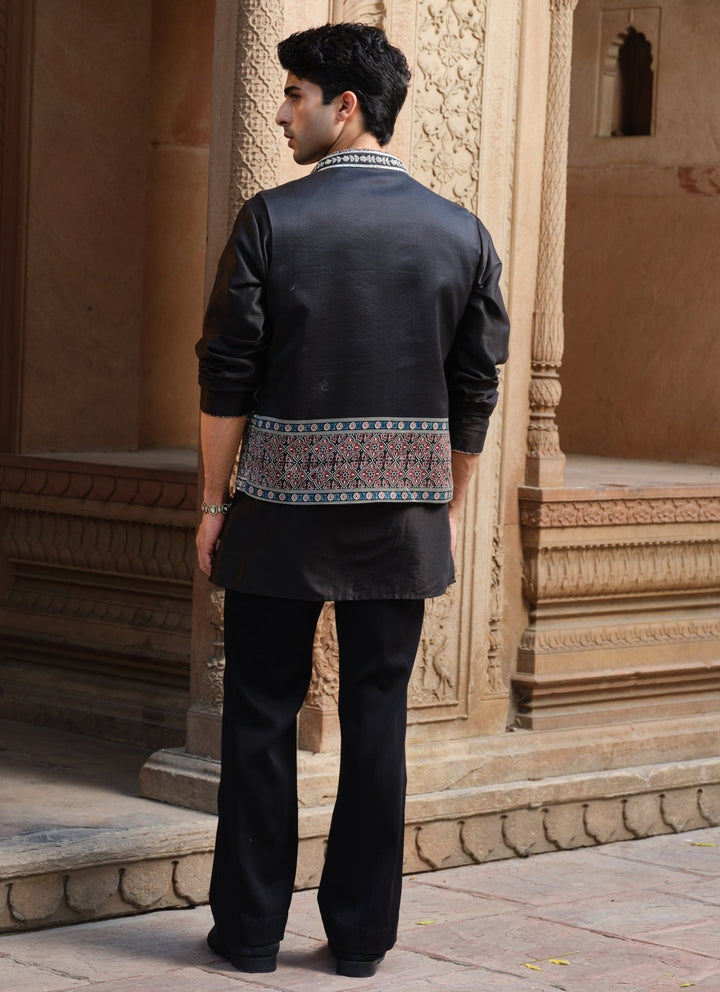 Darzi House Black Chanderi Silk Nehru Jacket SetFabilicious Fashion