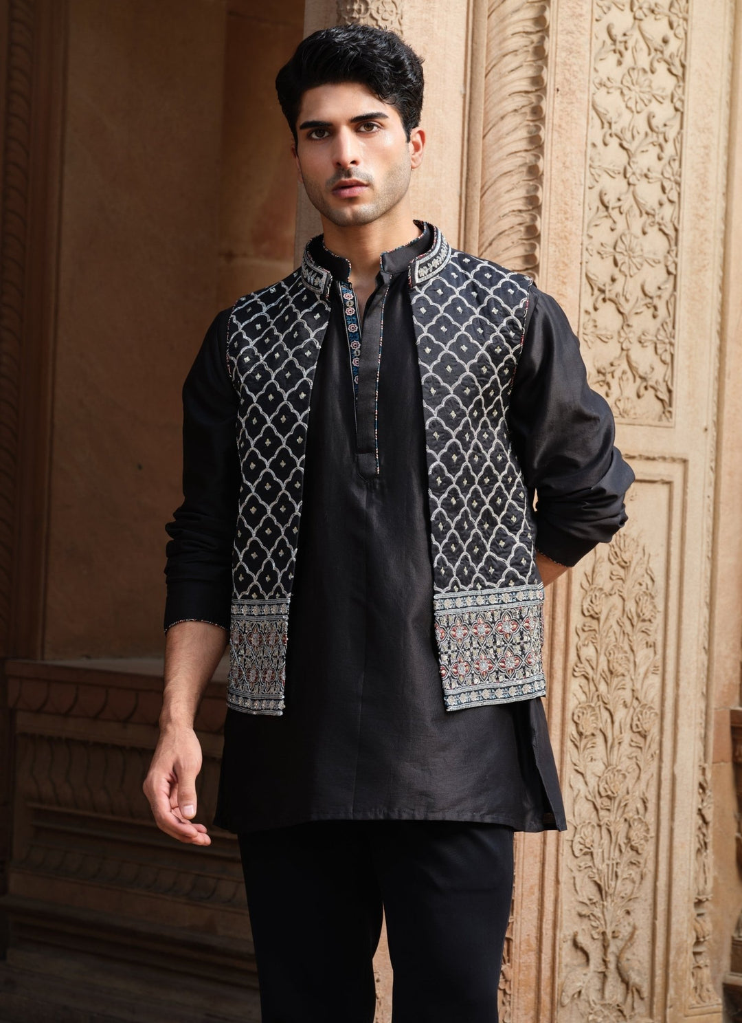Darzi House Black Chanderi Silk Nehru Jacket SetFabilicious Fashion