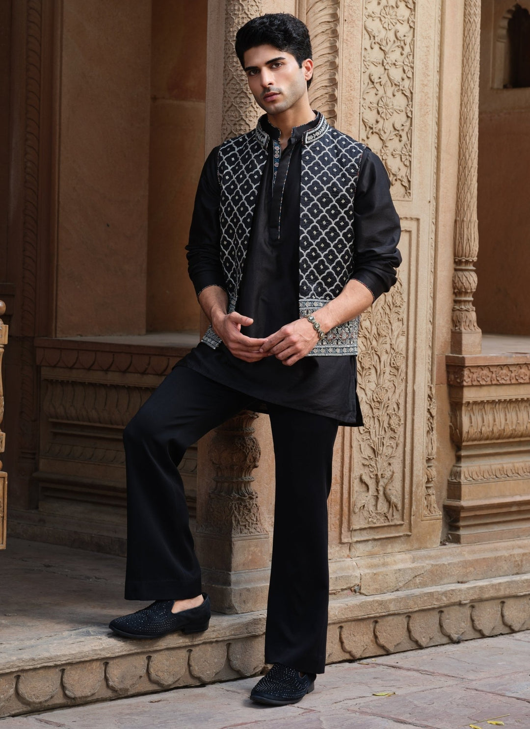 Darzi House Black Chanderi Silk Nehru Jacket SetFabilicious Fashion