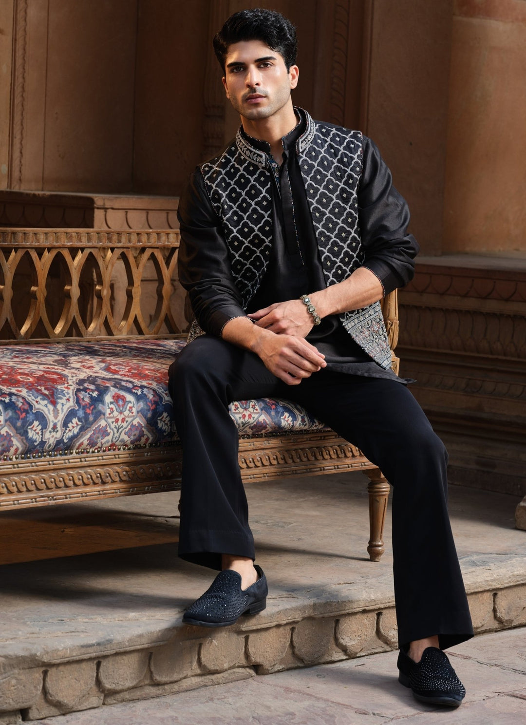Darzi House Black Chanderi Silk Nehru Jacket SetFabilicious Fashion