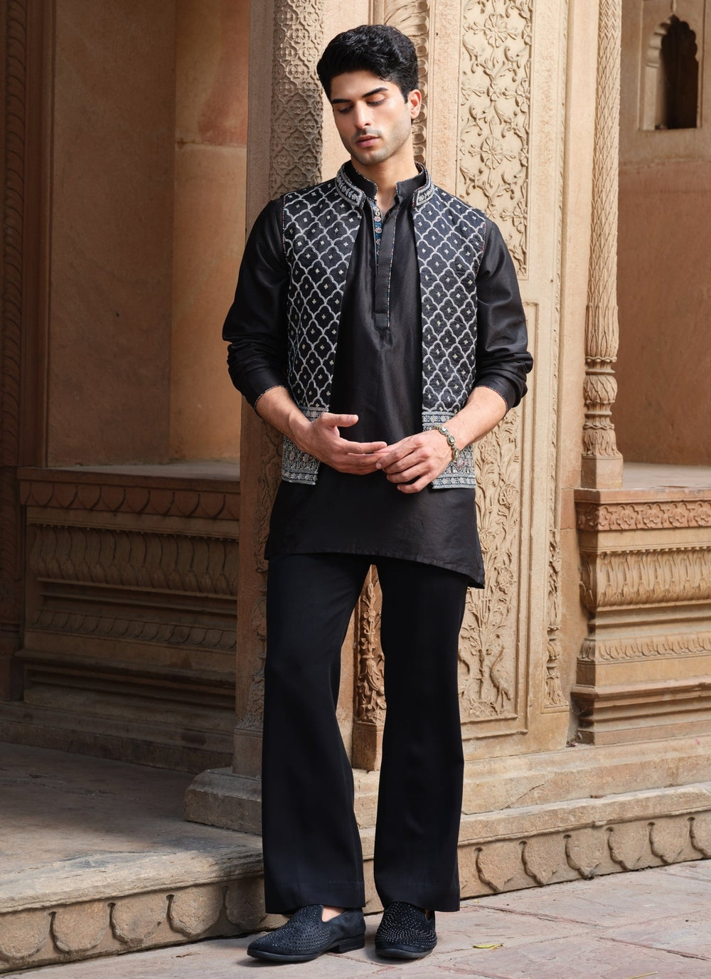 Darzi House Black Chanderi Silk Nehru Jacket SetFabilicious Fashion
