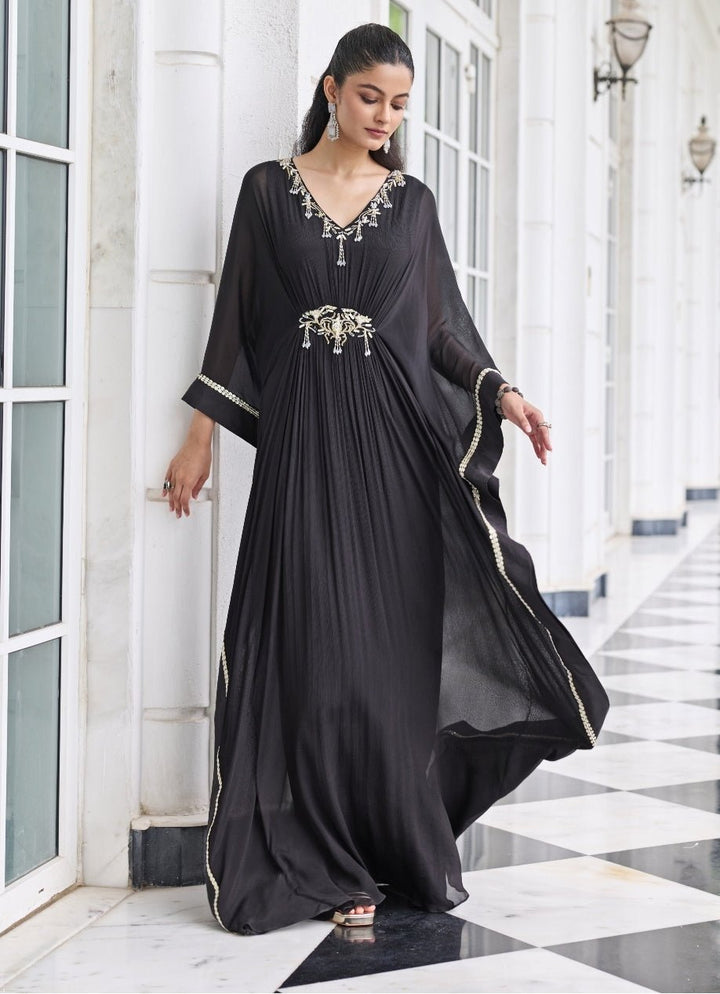 Black Chiffon Draped Kaftan Seema Thukral - Fabilicious Fashion