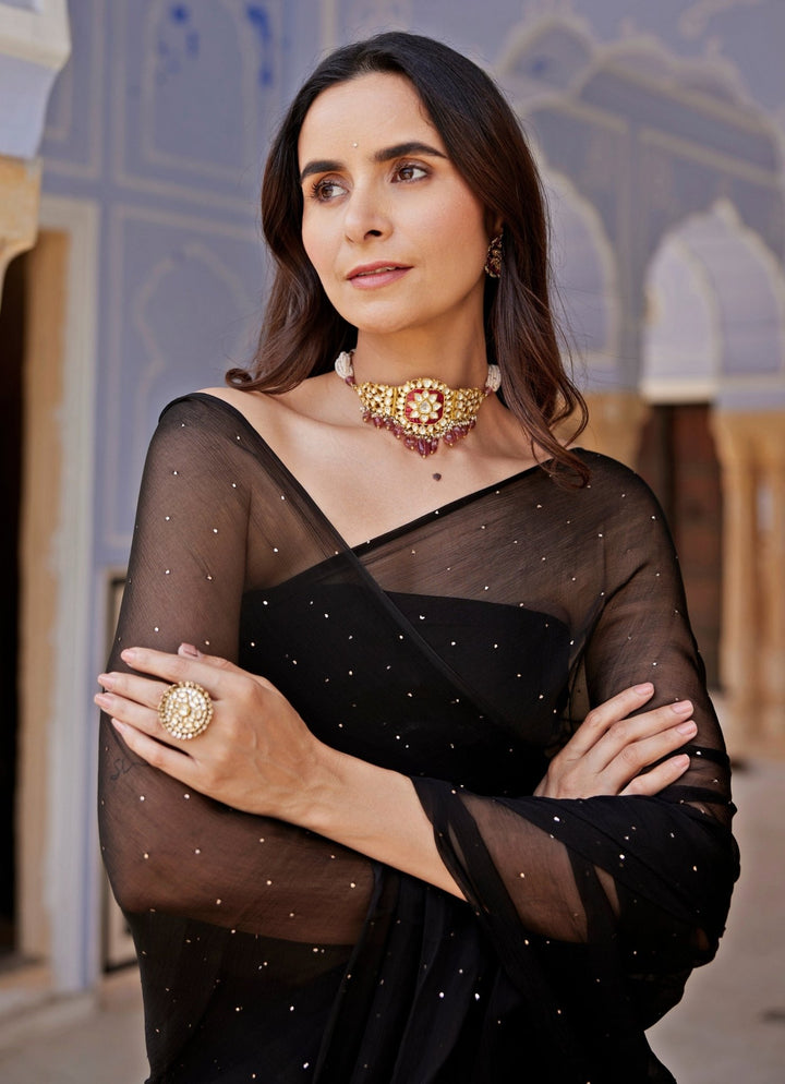 Geroo Jaipur Black Chiffon Pre - Draped Saree SetFabilicious Fashion