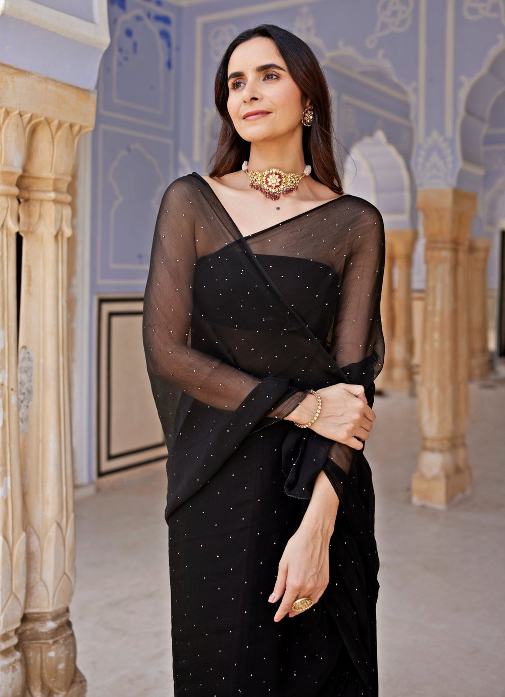 Geroo Jaipur Black Chiffon Pre - Draped Saree SetFabilicious Fashion