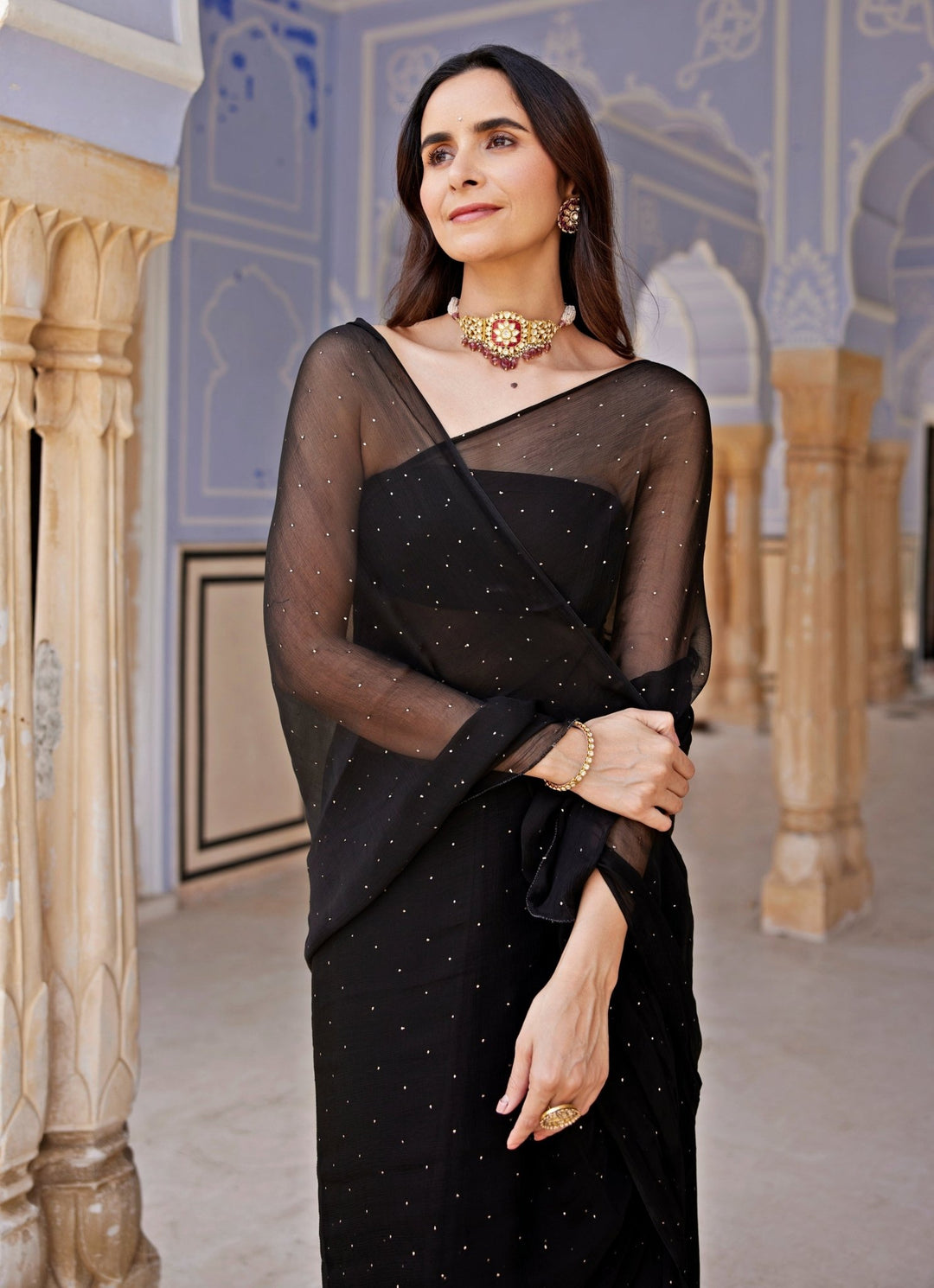 Geroo Jaipur Black Chiffon Pre - Draped Saree SetFabilicious Fashion