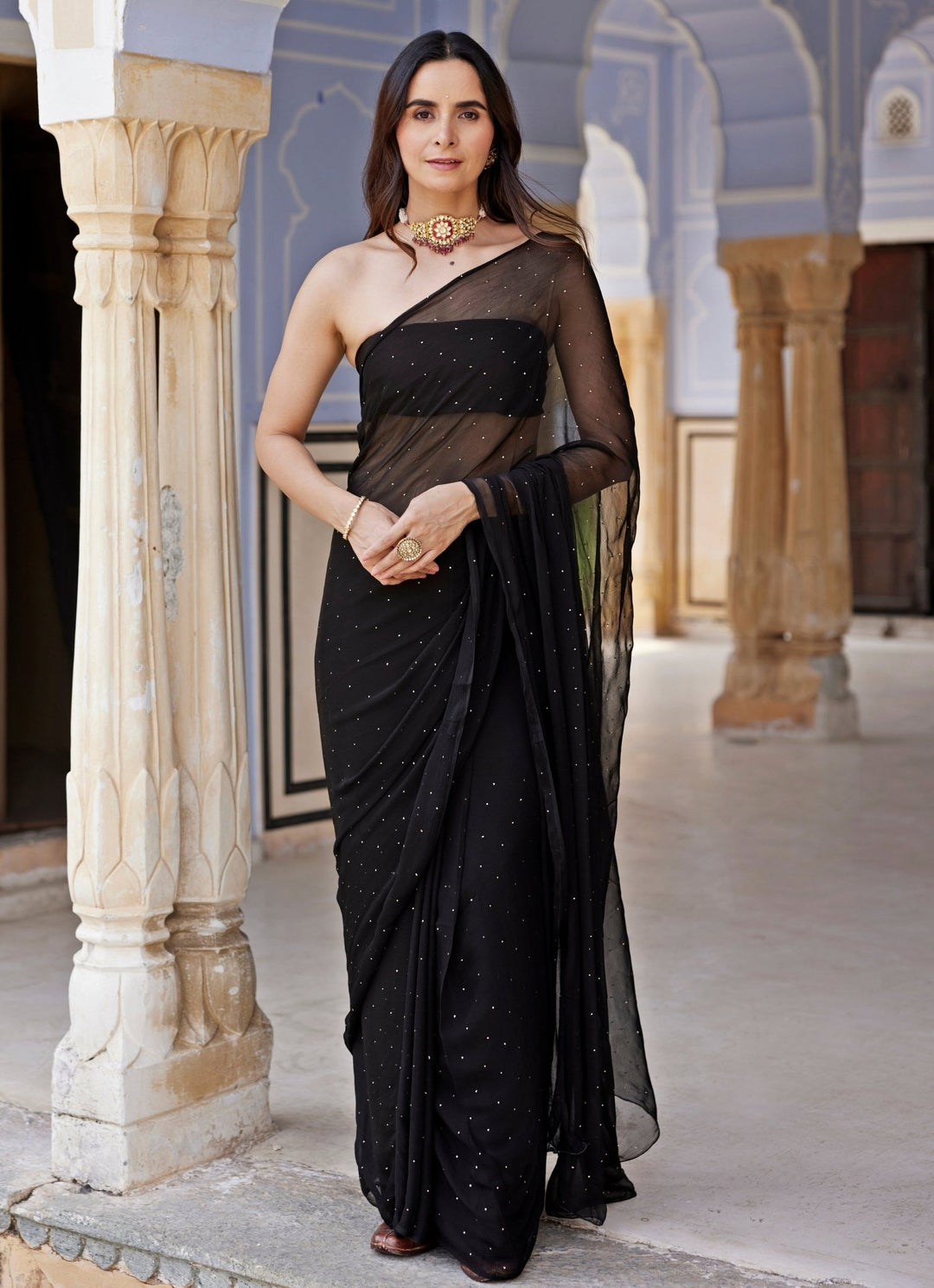Geroo Jaipur Black Chiffon Pre - Draped Saree SetFabilicious Fashion