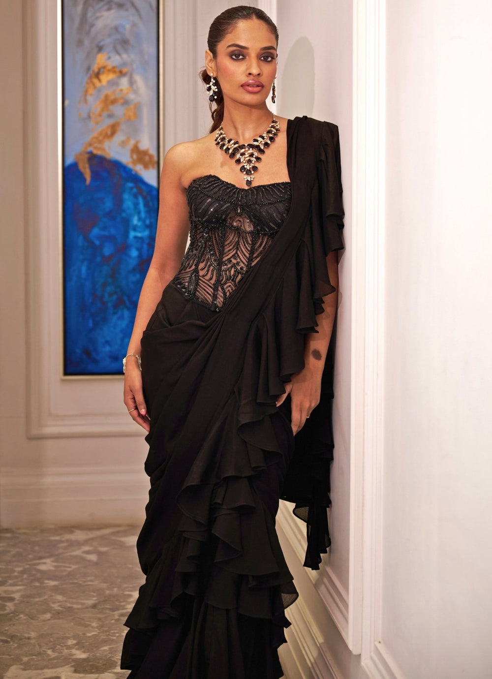 Black Chiffon Predraped Ruffle Saree Set With Corset Rashika Sharma - Fabilicious Fashion