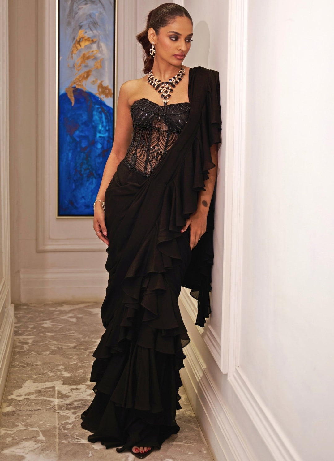 Black Chiffon Predraped Ruffle Saree Set With Corset Rashika Sharma - Fabilicious Fashion