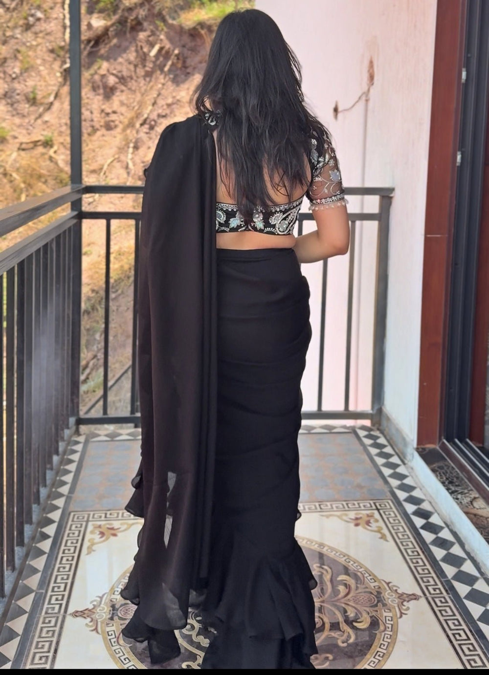 Black Chiffon Predraped Ruffle Saree Set Rashika Sharma - Fabilicious Fashion