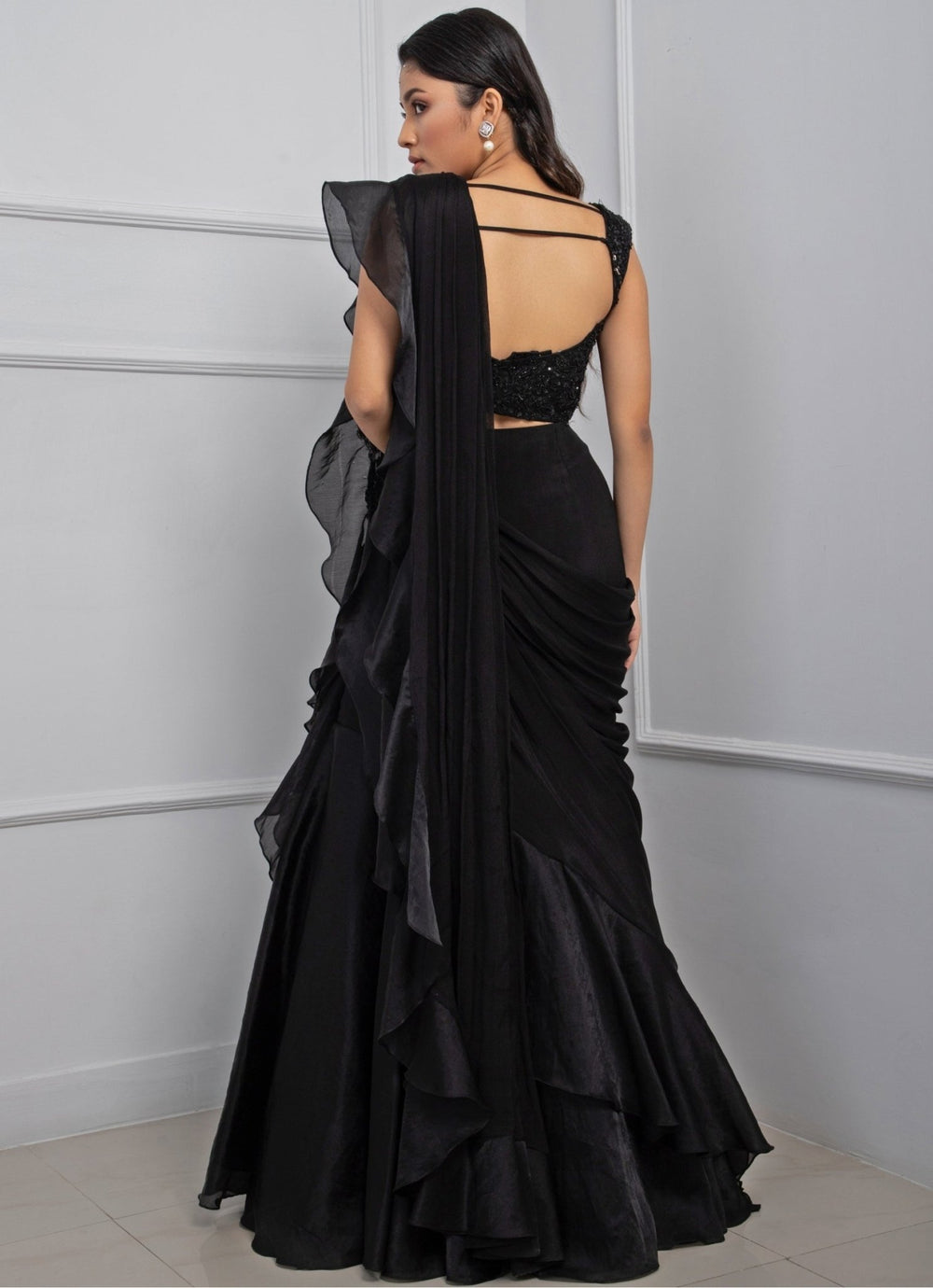 Black Chiffon Predraped Saree Set With Floral Sequin Blouse Smriti - Fabilicious Fashion