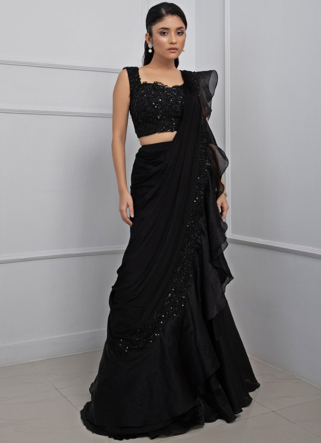 Black Chiffon Predraped Saree Set With Floral Sequin Blouse Smriti - Fabilicious Fashion