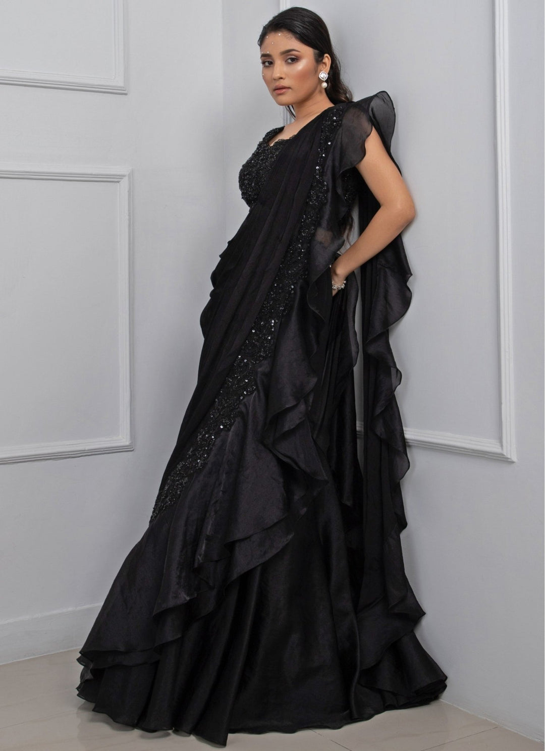 Black Chiffon Predraped Saree Set With Floral Sequin Blouse Smriti - Fabilicious Fashion
