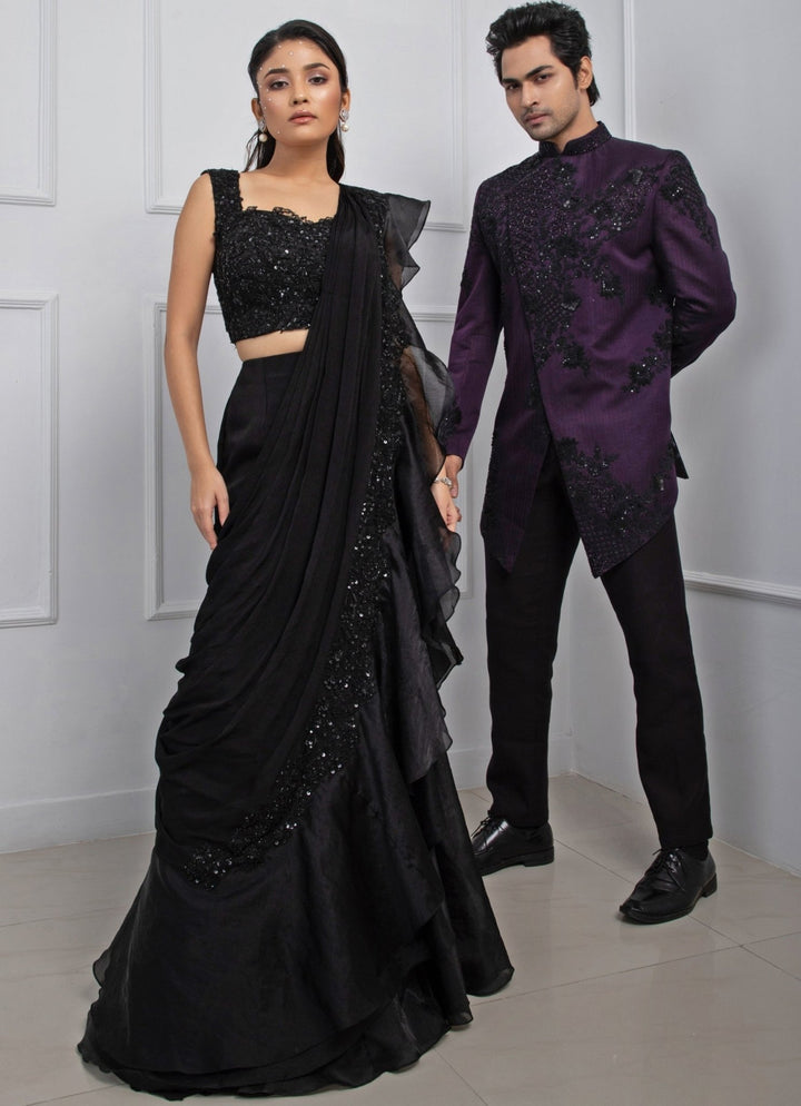 Black Chiffon Predraped Saree Set With Floral Sequin Blouse Smriti - Fabilicious Fashion