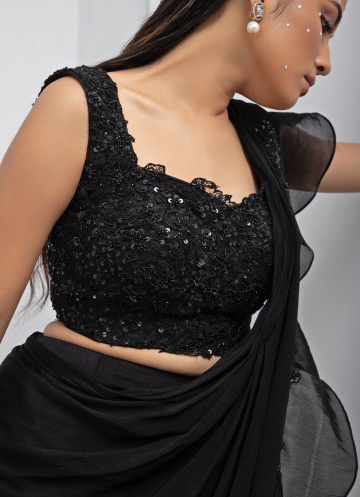 Black Chiffon Predraped Saree Set With Floral Sequin Blouse Smriti - Fabilicious Fashion