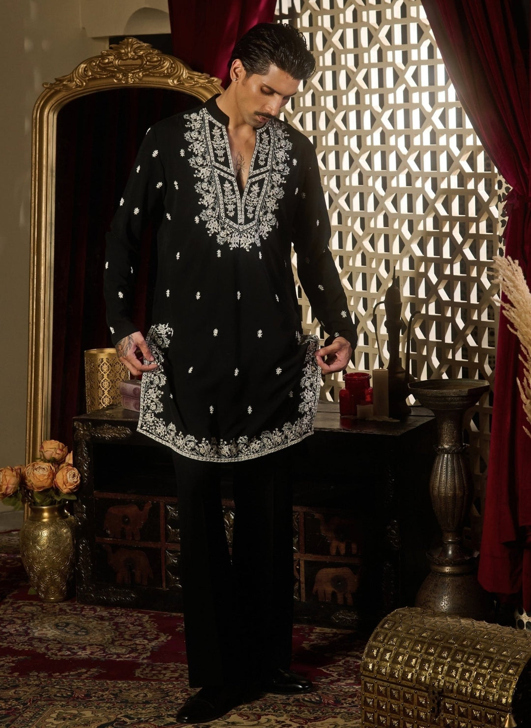 Contrast by Parth Black Chikankari Silk Kurta Pants SetFabilicious Fashion