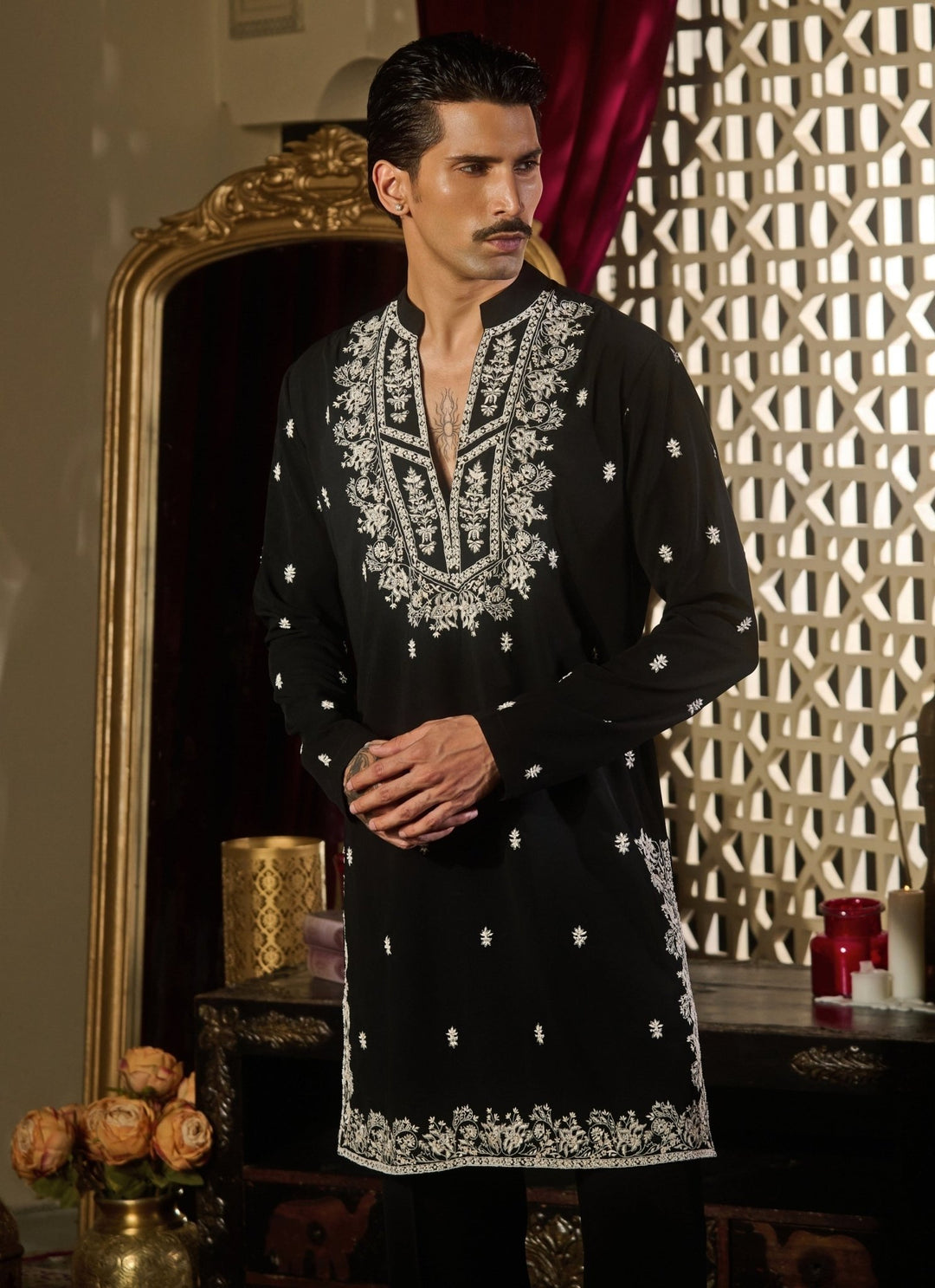 Contrast by Parth Black Chikankari Silk Kurta Pants SetFabilicious Fashion