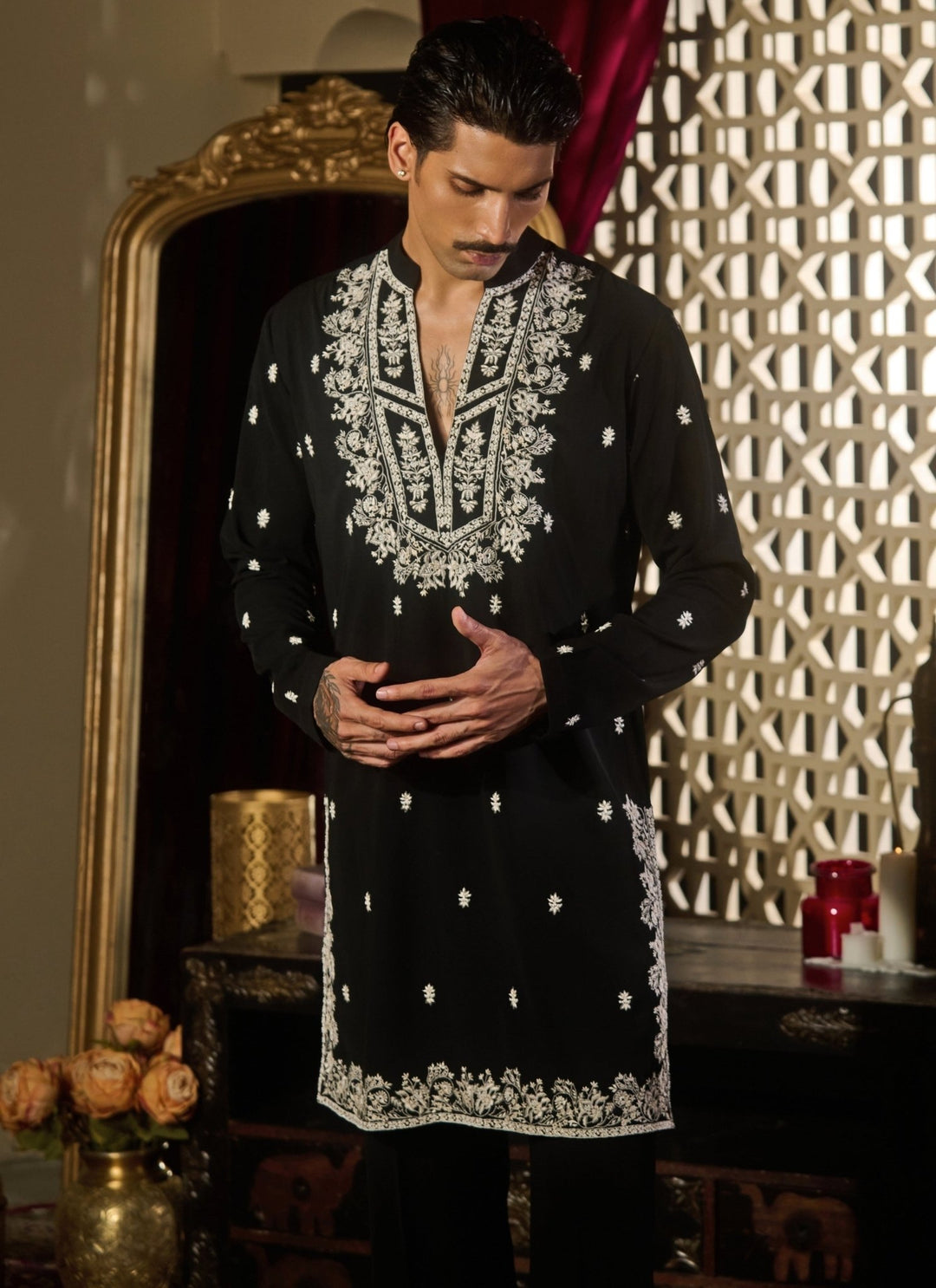 Contrast by Parth Black Chikankari Silk Kurta Pants SetFabilicious Fashion