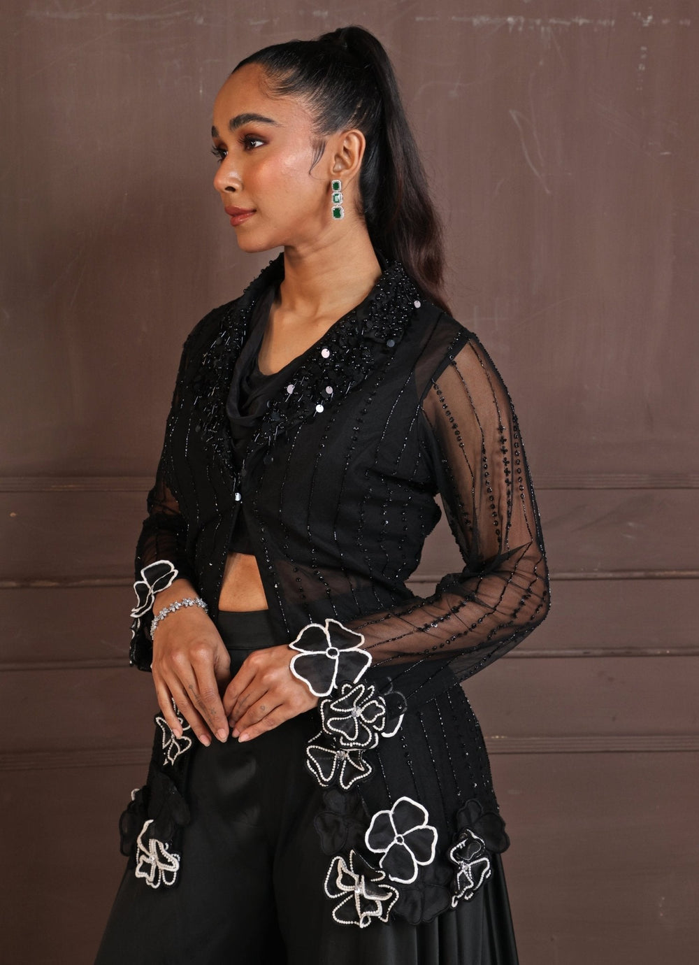 Black Co - Ord Set With Floral Appliqué Jacket Smriti - Fabilicious Fashion