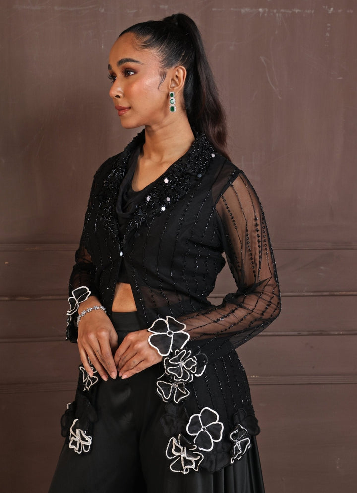 Black Co - Ord Set With Floral Appliqué Jacket Smriti - Fabilicious Fashion