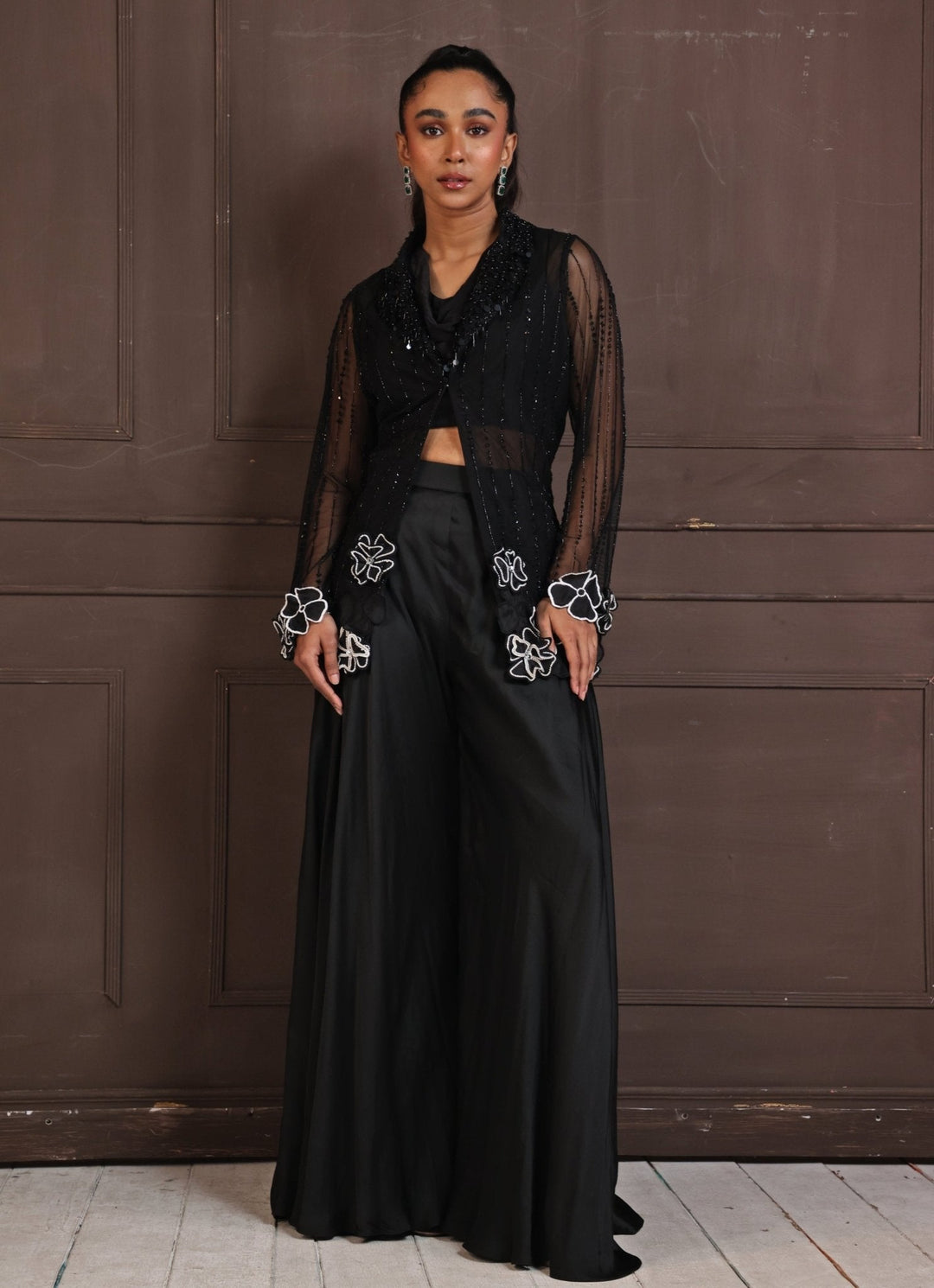 Black Co - Ord Set With Floral Appliqué Jacket Smriti - Fabilicious Fashion