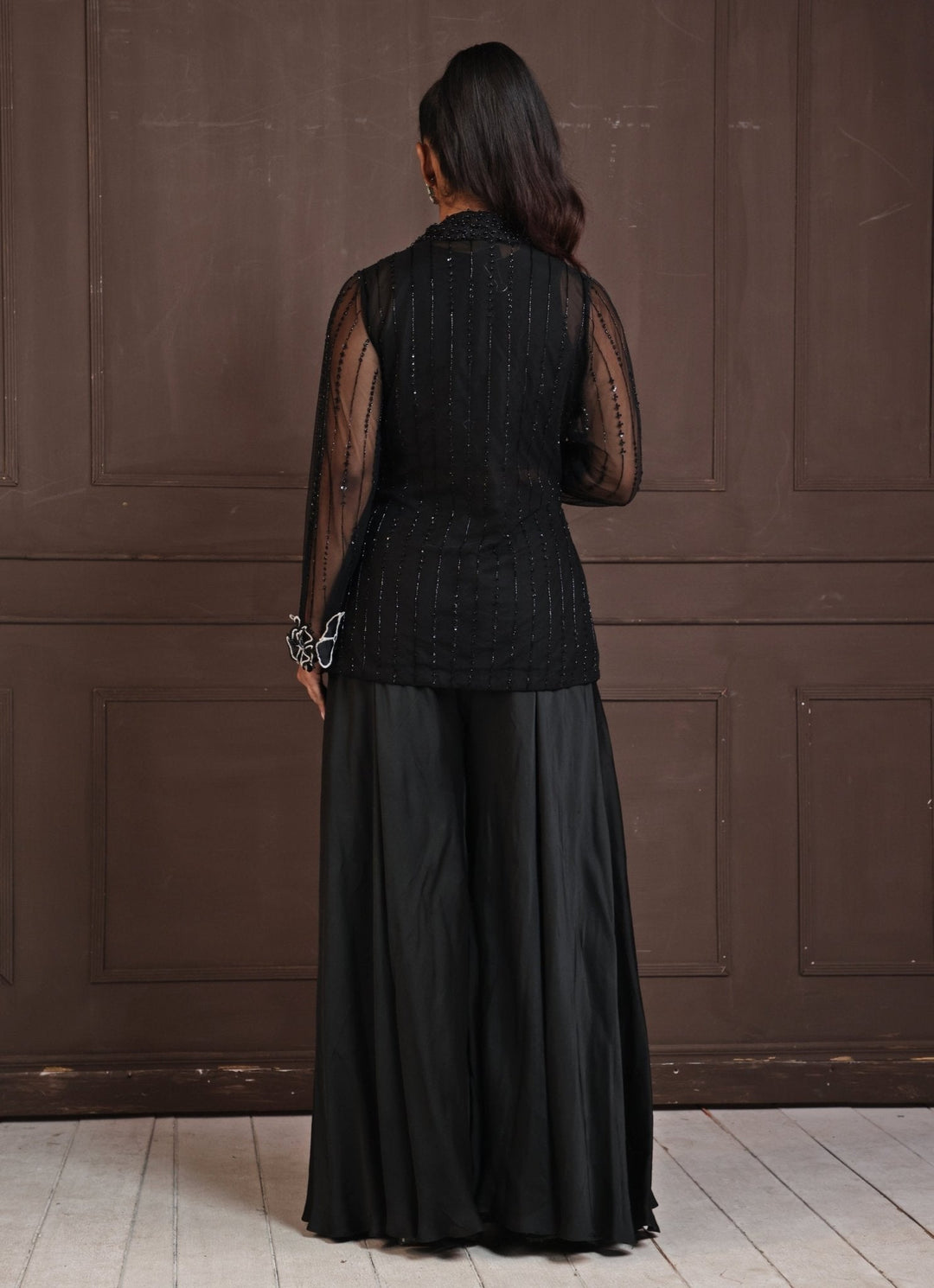 Black Co - Ord Set With Floral Appliqué Jacket Smriti - Fabilicious Fashion
