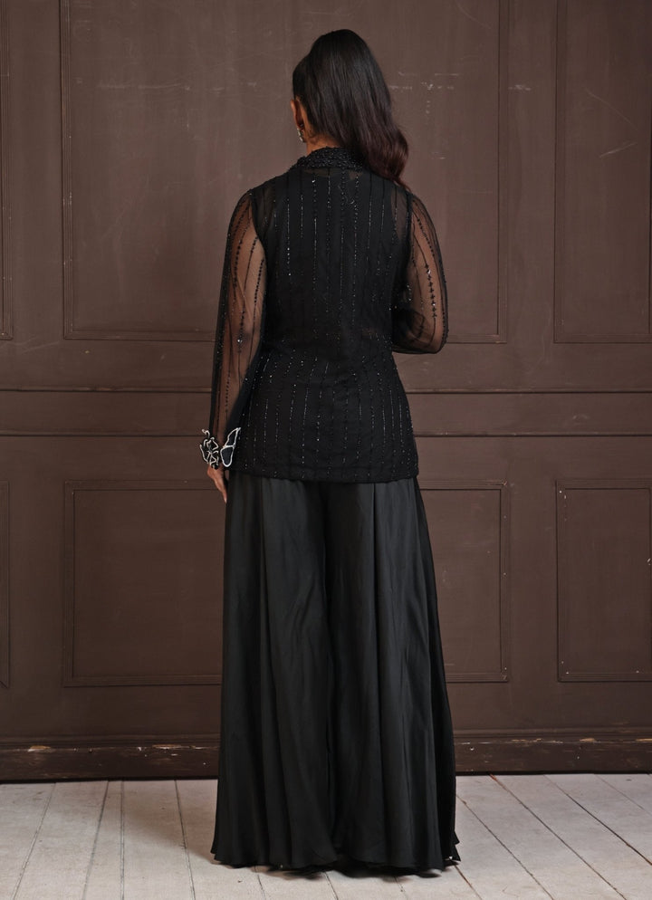 Black Co - Ord Set With Floral Appliqué Jacket Smriti - Fabilicious Fashion