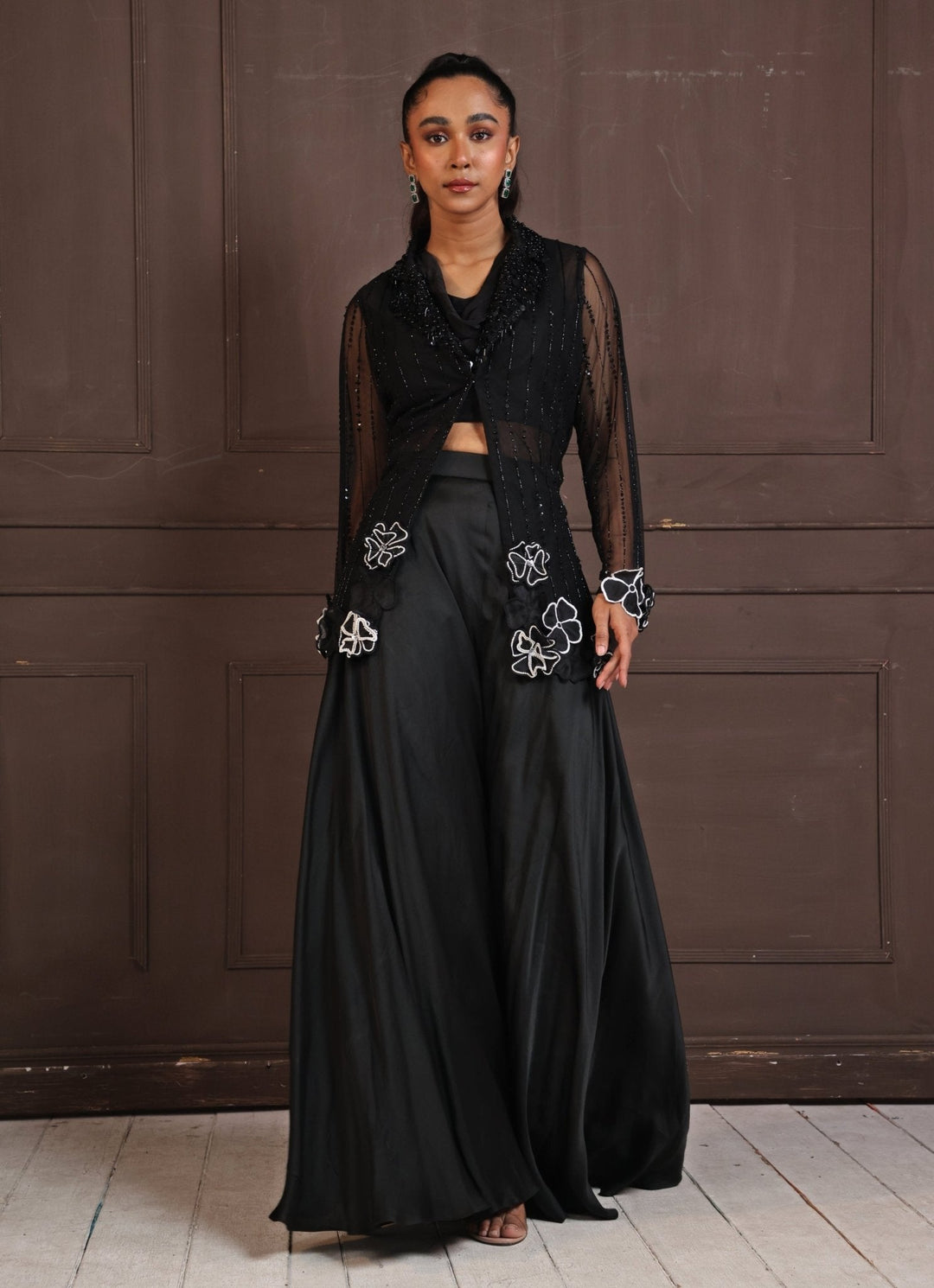 Black Co - Ord Set With Floral Appliqué Jacket Smriti - Fabilicious Fashion