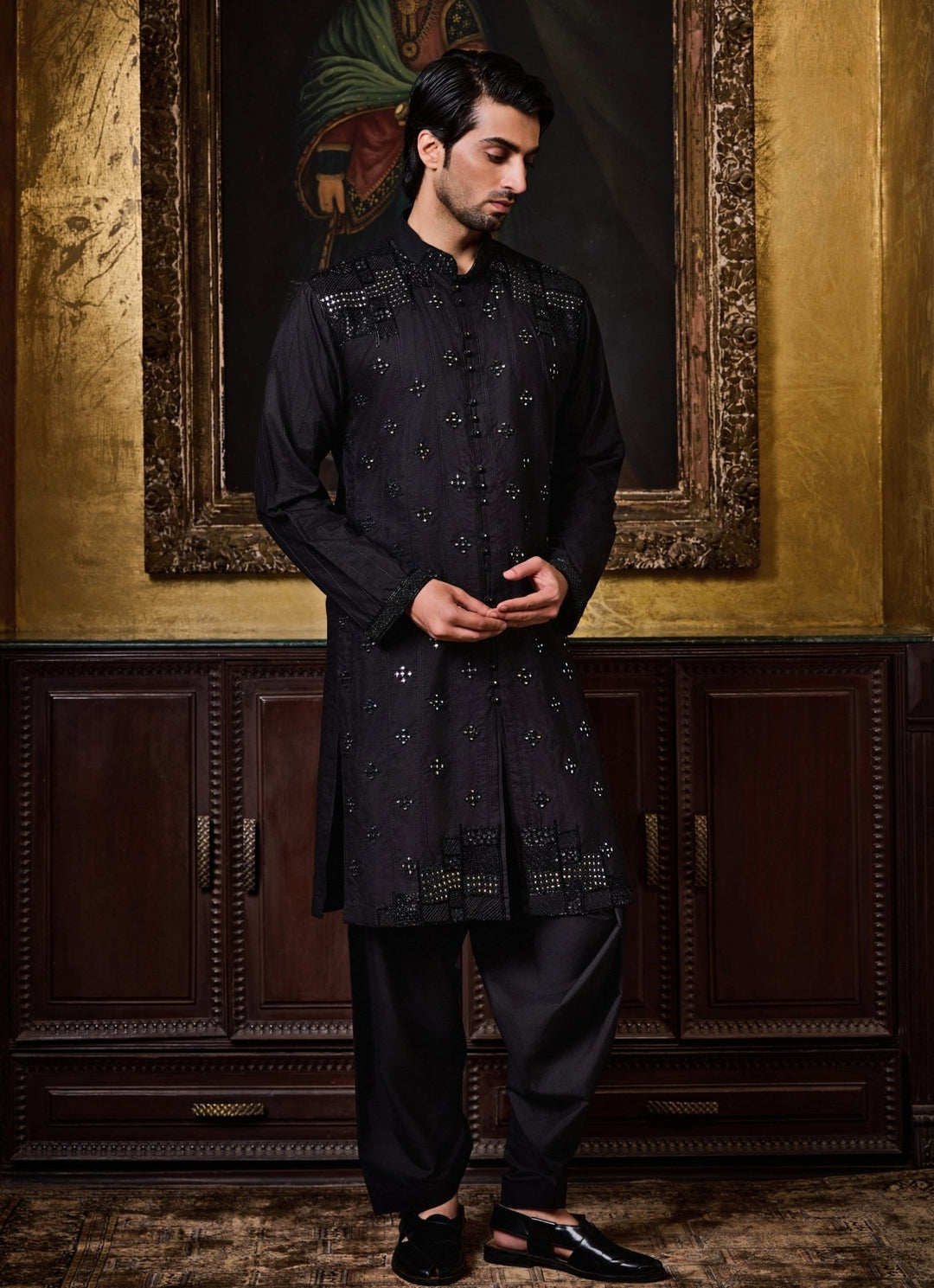 Black Cotton Silk Kurta Set Nitika Gujral - Men - Fabilicious Fashion