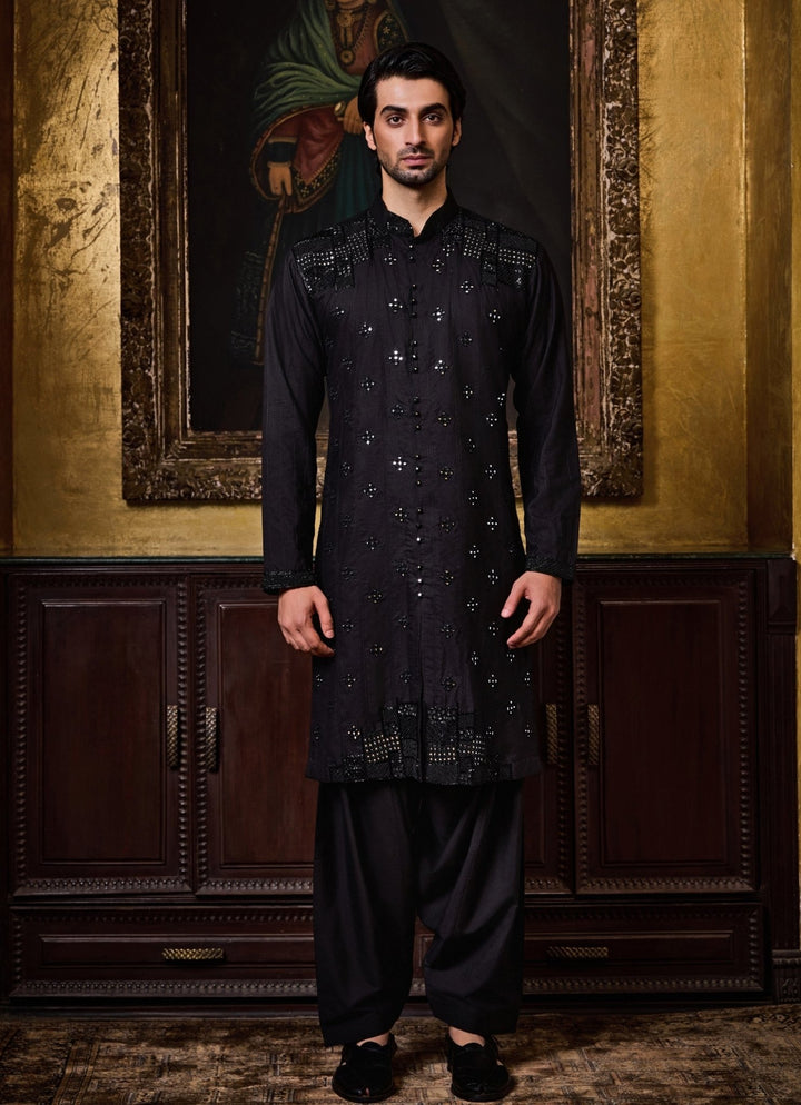 Black Cotton Silk Kurta Set Nitika Gujral - Men - Fabilicious Fashion