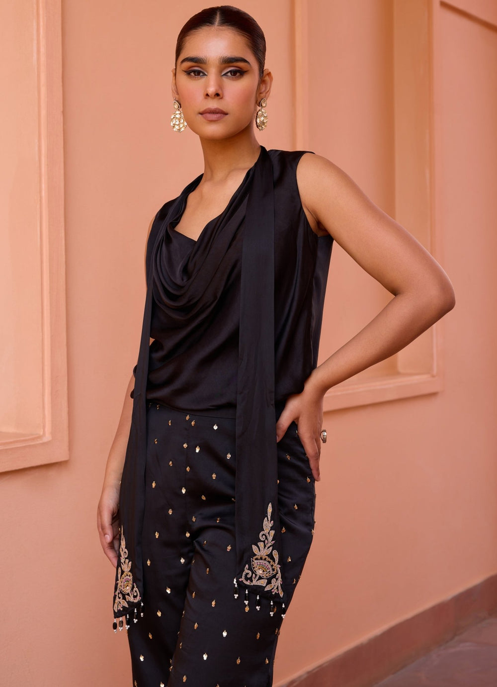 Black Cowl Drape Top With Pants Set Isha Gupta Tayal - Fabilicious Fashion