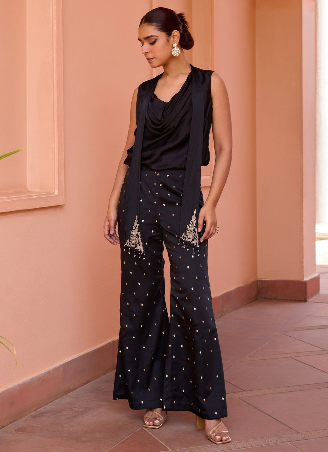 Black Cowl Drape Top With Pants Set Isha Gupta Tayal - Fabilicious Fashion