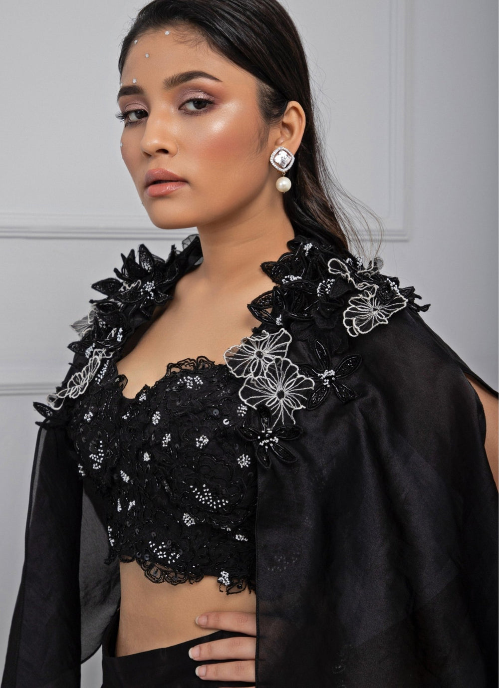 Black Crepe Drape Skirt Set With Floral Embroidered Blouse Smriti - Fabilicious Fashion