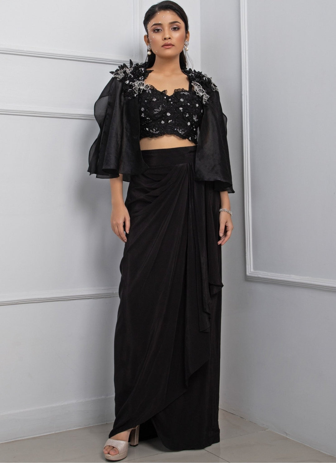 Black Crepe Drape Skirt Set With Floral Embroidered Blouse Smriti - Fabilicious Fashion