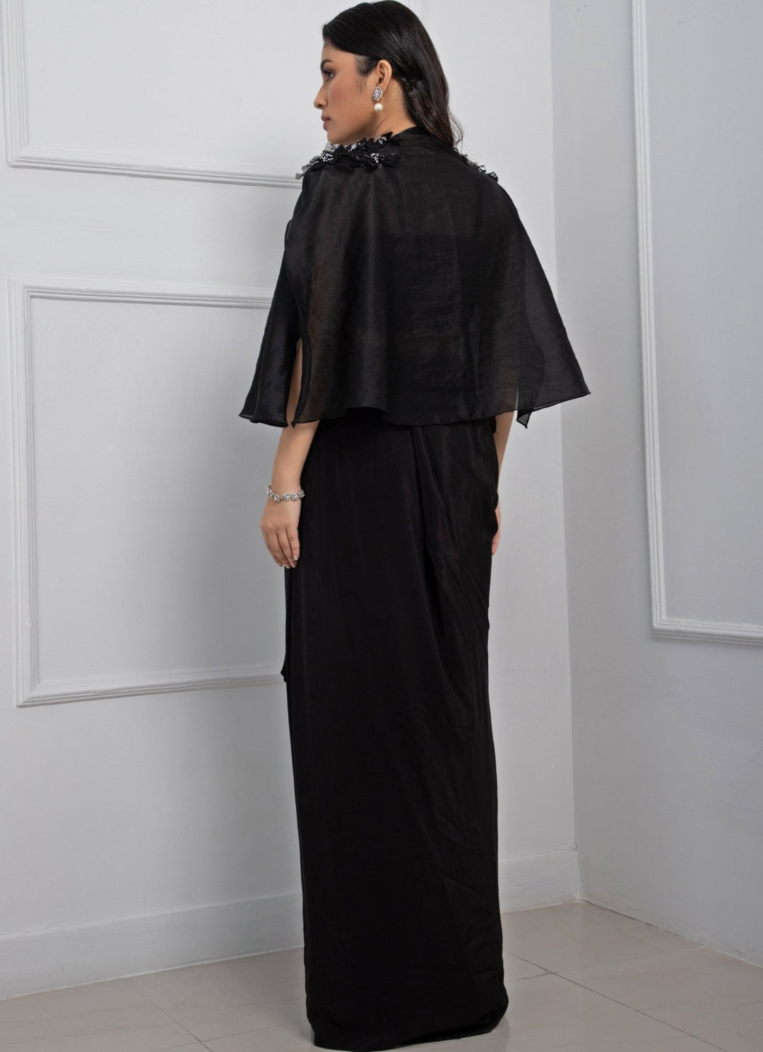 Black Crepe Drape Skirt Set With Floral Embroidered Blouse Smriti - Fabilicious Fashion