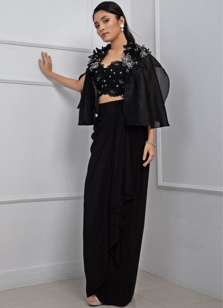 Black Crepe Drape Skirt Set With Floral Embroidered Blouse Smriti - Fabilicious Fashion