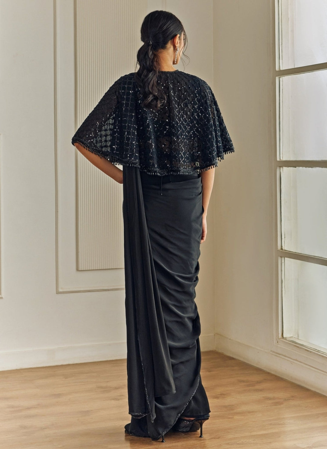 Studio Iris Black Crepe Pre-Draped Saree With CapeFabilicious Fashion