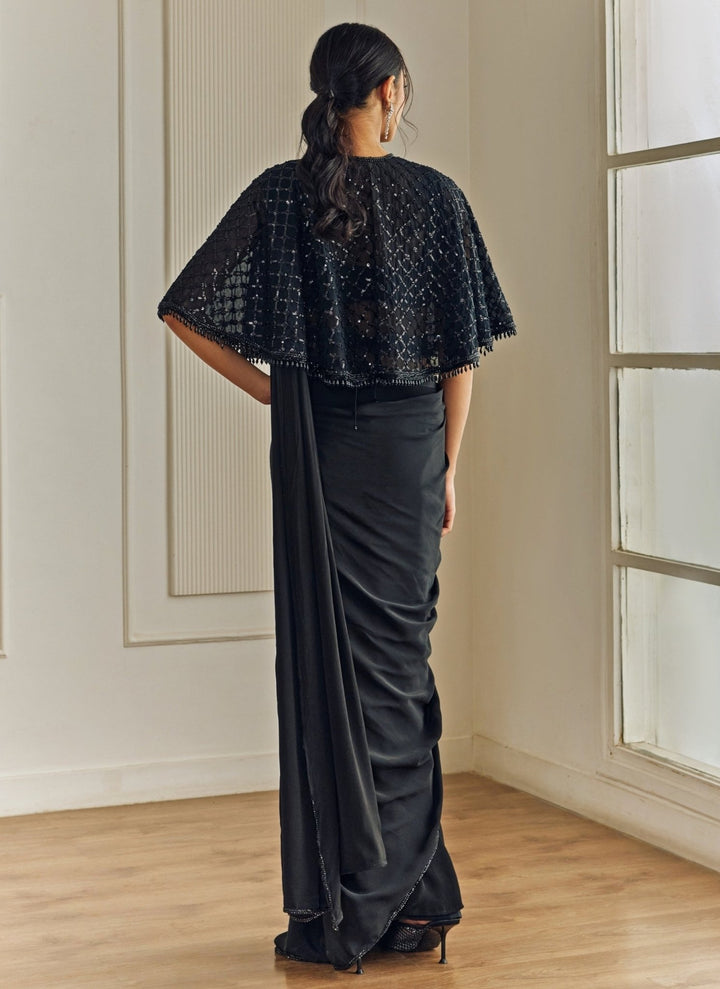 Studio Iris Black Crepe Pre-Draped Saree With CapeFabilicious Fashion