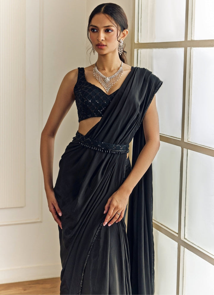 Studio Iris Black Crepe Pre-Draped Saree With CapeFabilicious Fashion