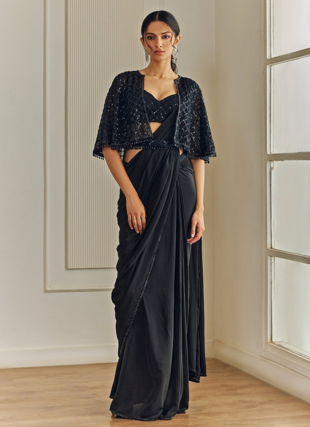 Studio Iris Black Crepe Pre-Draped Saree With CapeFabilicious Fashion