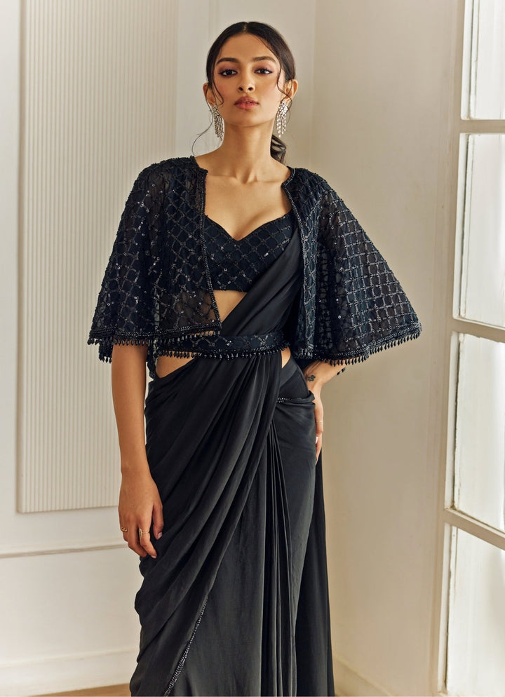 Studio Iris Black Crepe Pre-Draped Saree With CapeFabilicious Fashion