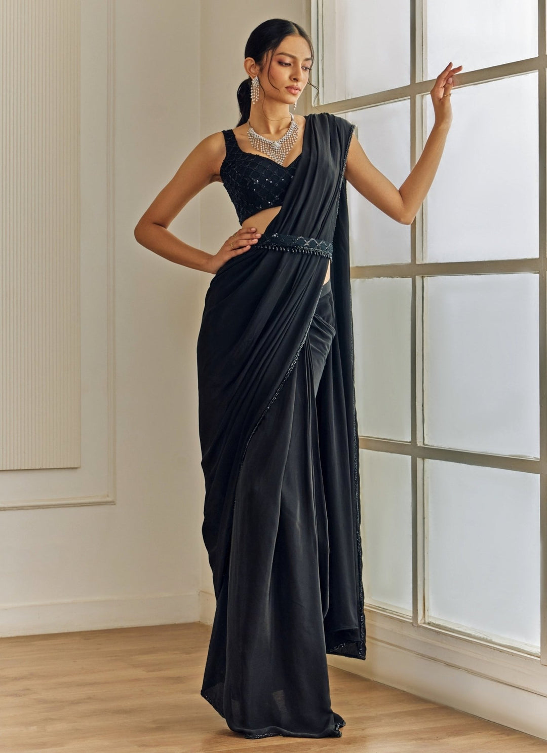 Studio Iris Black Crepe Pre-Draped Saree With CapeFabilicious Fashion