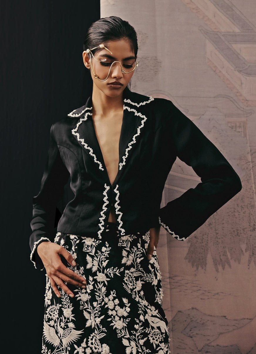 Black Crepe Silk Pencil Skirt With Jacket Set Twenty Nine - Fabilicious Fashion