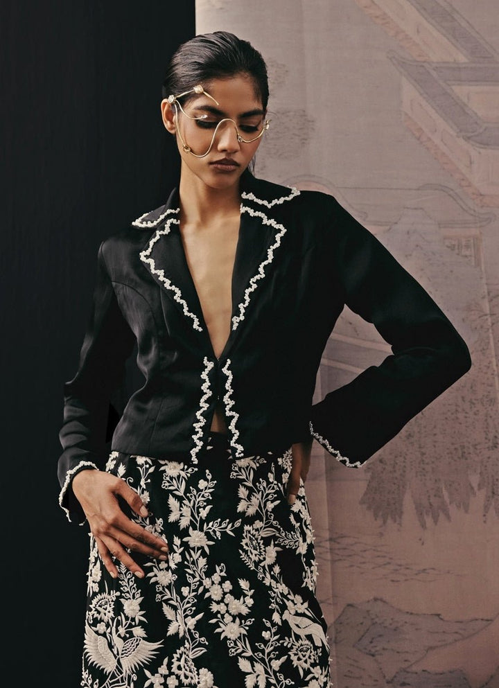 Black Crepe Silk Pencil Skirt With Jacket Set Twenty Nine - Fabilicious Fashion