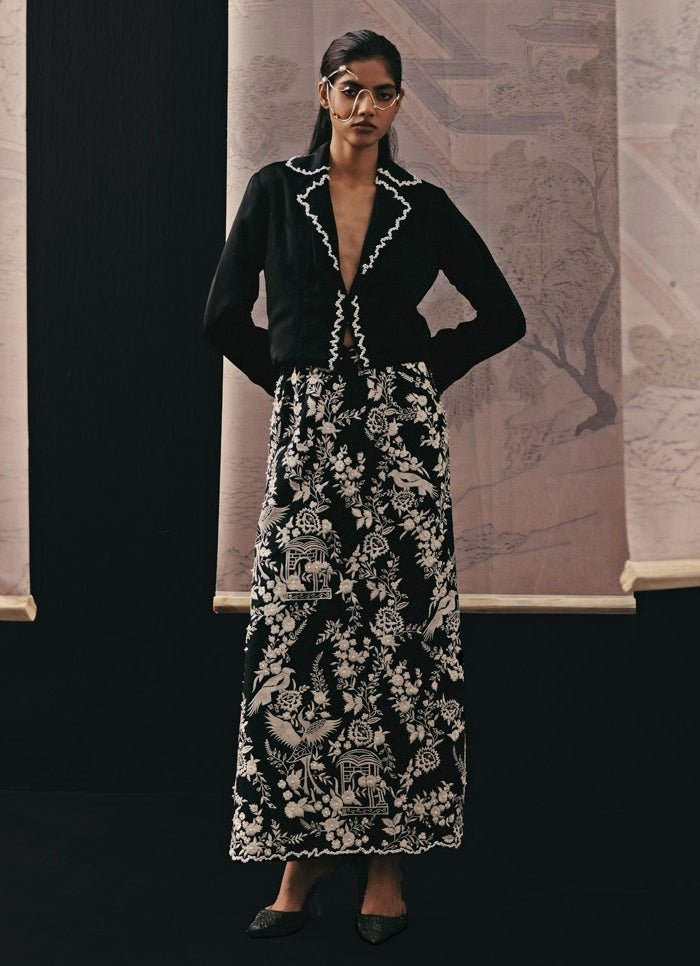 Black Crepe Silk Pencil Skirt With Jacket Set Twenty Nine - Fabilicious Fashion