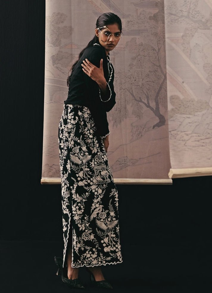 Black Crepe Silk Pencil Skirt With Jacket Set Twenty Nine - Fabilicious Fashion