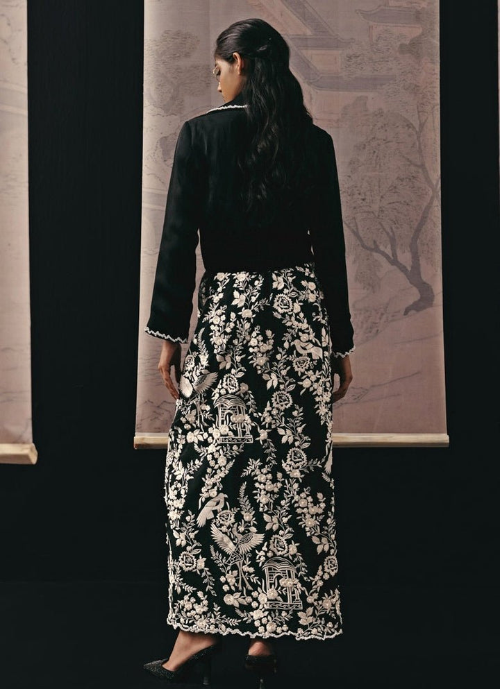 Black Crepe Silk Pencil Skirt With Jacket Set Twenty Nine - Fabilicious Fashion