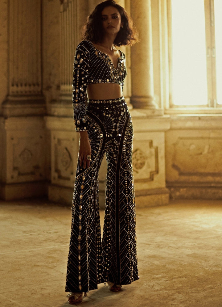 Black Crystal and Mirror Pants Set Duara - Fabilicious Fashion