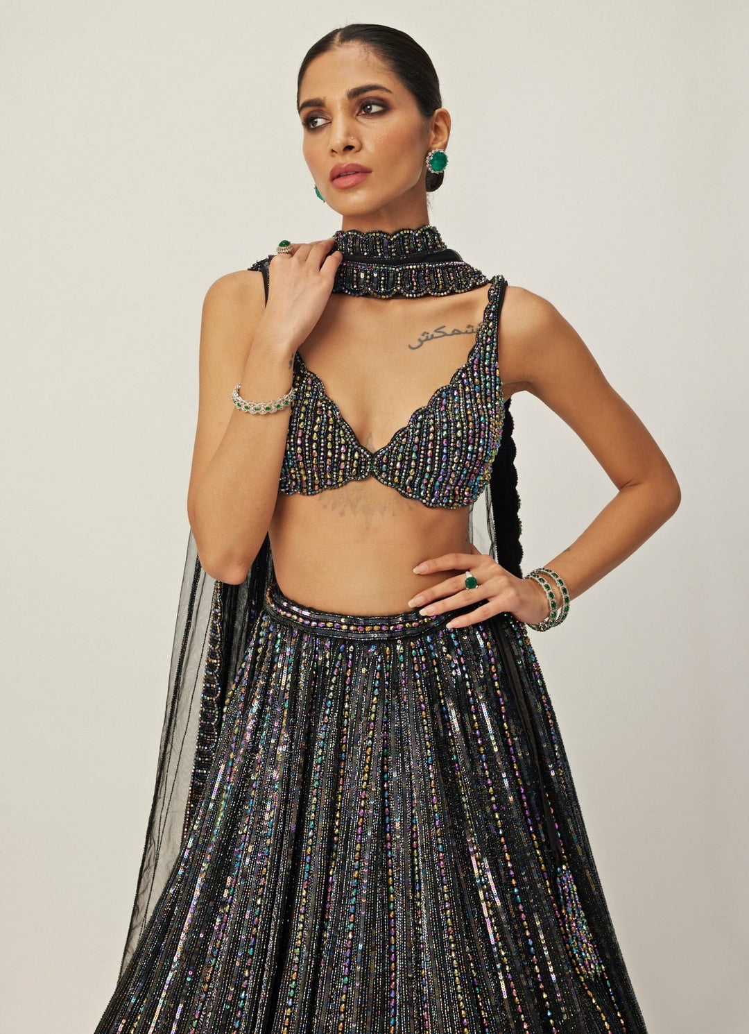 Black Crystal Linear Embroidered Organza Lehenga Set Vvani By Vani Vats - Fabilicious Fashion