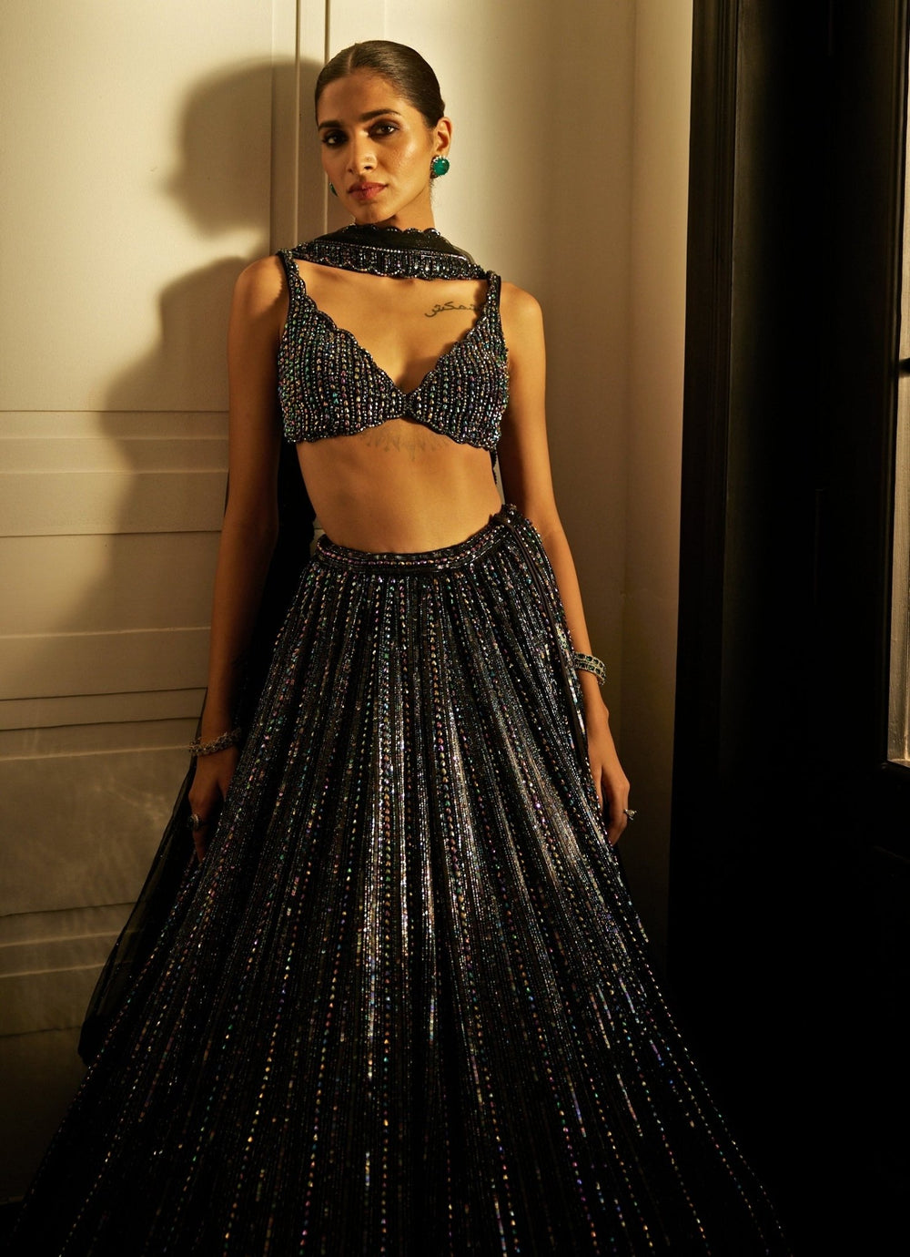 Black Crystal Linear Embroidered Organza Lehenga Set Vvani By Vani Vats - Fabilicious Fashion