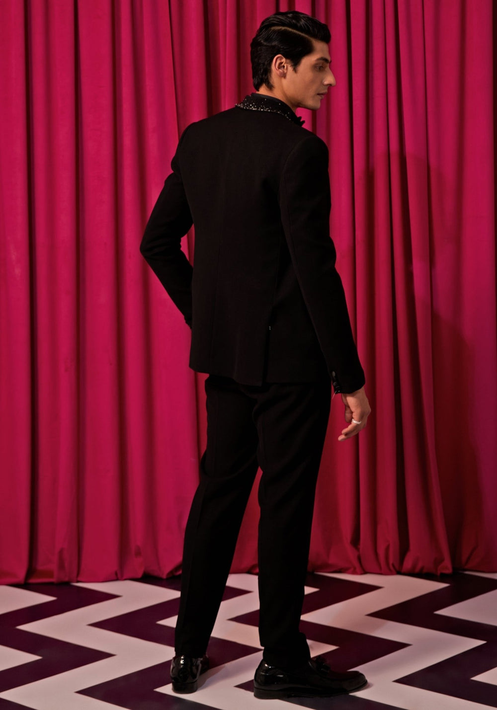 Black Crystal Tuxedo Set Contrast by Parth - Fabilicious Fashion